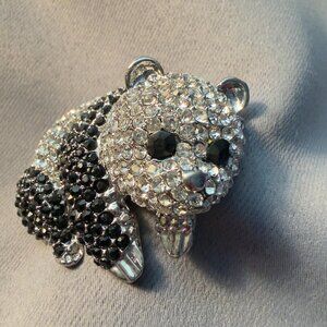 ADDLANC Panda Brooch Rhinestone Pave Animal Pin Silver Tone 2 Inch